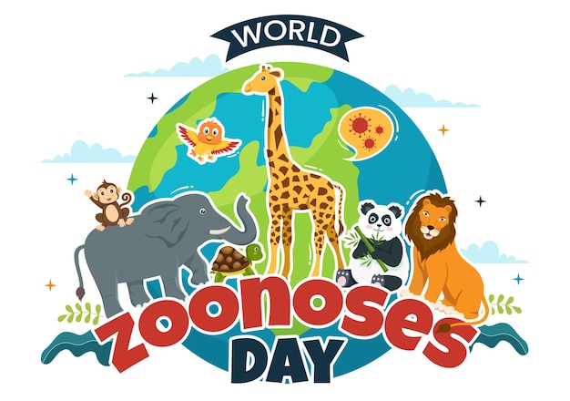 Ilustracja Wektora światowego Dnia Zoonozy 6 Lipca Z Różnymi Zwierzętami, Które Są W Lesie