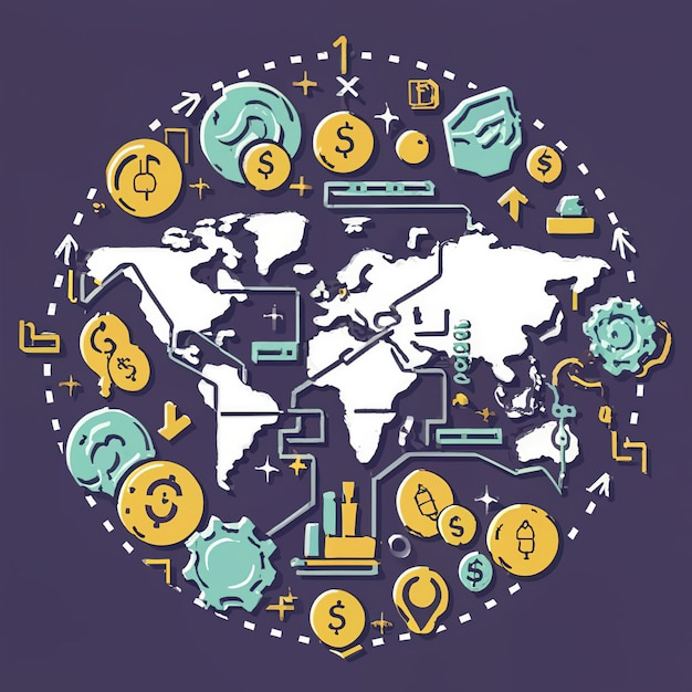 Plik wektorowy ilustracja wektorowa 2d kolorowy handel na mapie świata pieniądze bitcoin crypto