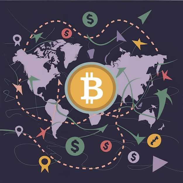 Ilustracja Wektorowa 2d Kolorowy Handel Na Mapie świata Pieniądze Bitcoin Crypto