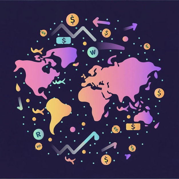 Plik wektorowy ilustracja wektorowa 2d kolorowy handel na mapie świata pieniądze bitcoin crypto
