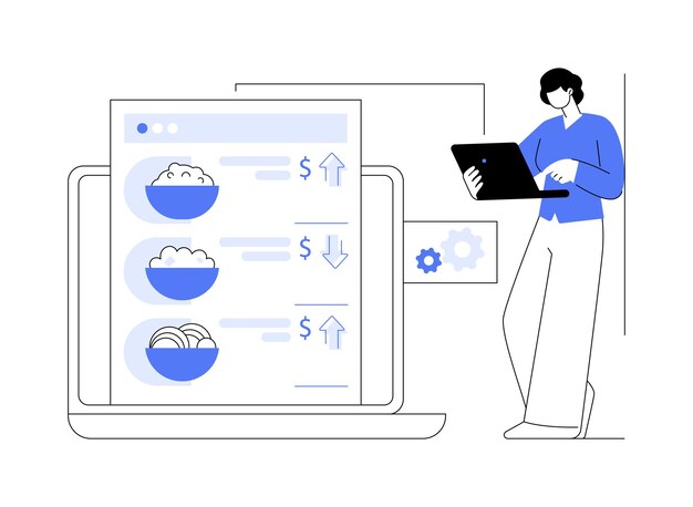 Ilustracja wektorowa abstrakcyjnej koncepcji dynamicznych cen Menedżer ds. marketingu kontroluje ceny Technologia informatyczna transfer danych Big Data Machine Learning Idea promocji systemu CRM abstrakcyjna metafora