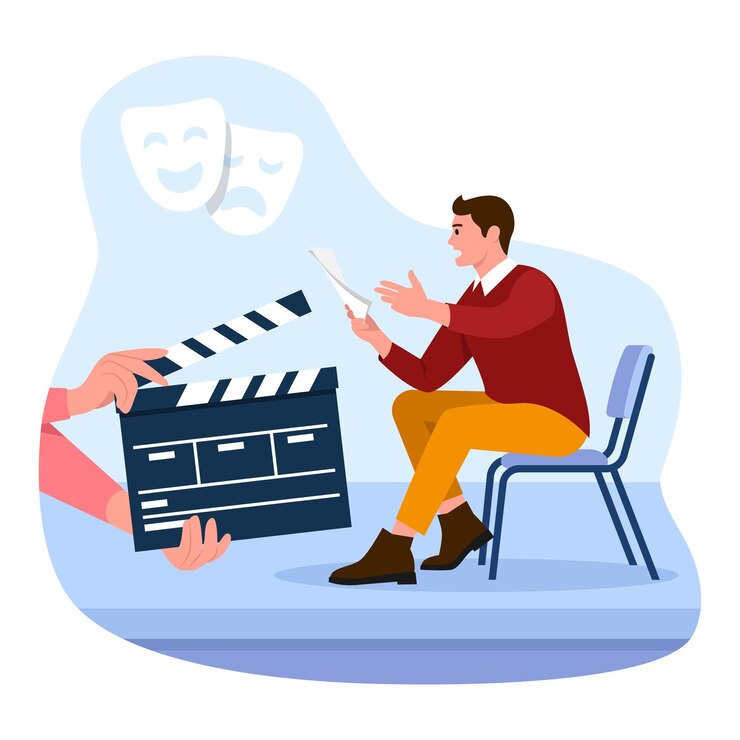 Ilustracja wektorowa aktorów Scena kreskówkowa z facetem trenuje scenariusz i przygotowuje się do kręcenia filmu na białym tle