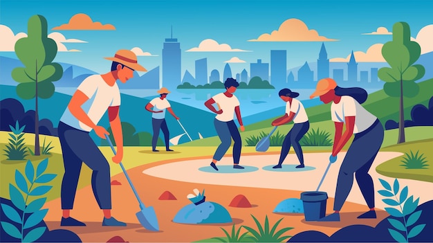 Ilustracja Wektorowa Aktywności Sprzątania Parku Społecznego Na Tle Krajobrazu Miejskiego