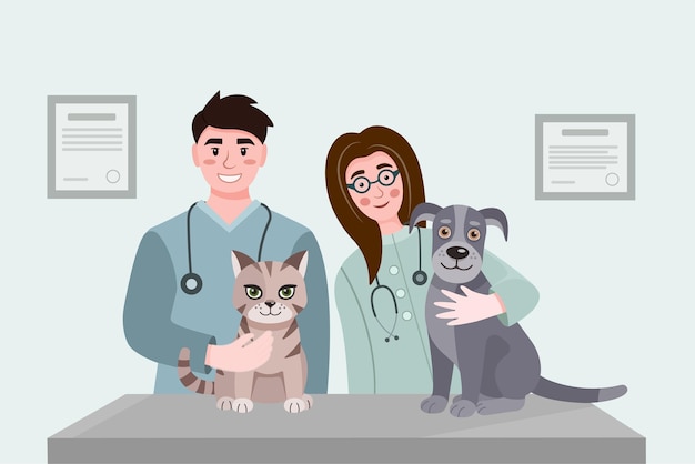 Ilustracja wektorowa badania weterynaryjnego psa i kota na stole kliniki weterynarnej