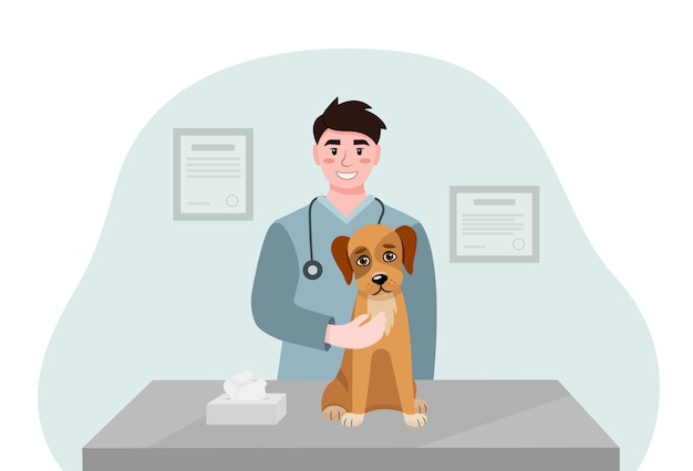 Ilustracja wektorowa badania weterynaryjnego psa na stole kliniki weterynarnej