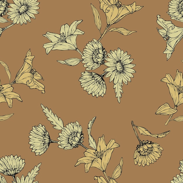 Plik wektorowy ilustracja wektorowa bez szwu kwiatowy wzór kwiatów i liści