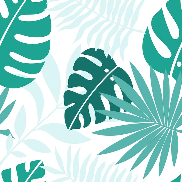 Ilustracja wektorowa bezszwowego wzoru z liści palmowych monstera tropikalnych gałęzi w kolorze zielonym