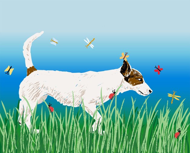 Plik wektorowy ilustracja wektorowa białego małego psa spacerującego w zielonej trawie w letni dzień