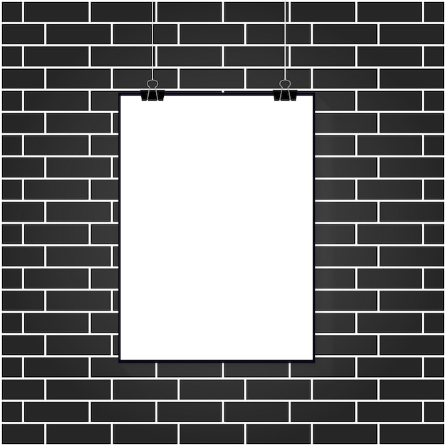 Plik wektorowy ilustracja wektorowa białego plakatu wiszącego na klipsie urzędniczym na białym tle ceglanego muru