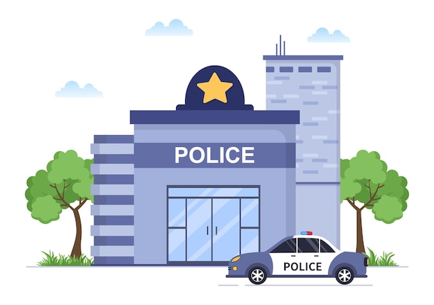 Ilustracja wektorowa budynku departamentu policji z policjantem i samochodem w stylu kreskówki płaskiej