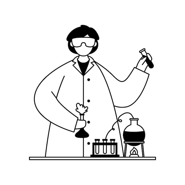 Plik wektorowy ilustracja wektorowa chemika w białym fartuchu z probówkami i kolbami zarys zawodu