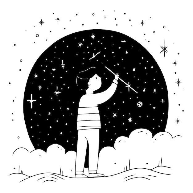 Plik wektorowy ilustracja wektorowa chłopca grającego na flecie na nocnym niebie
