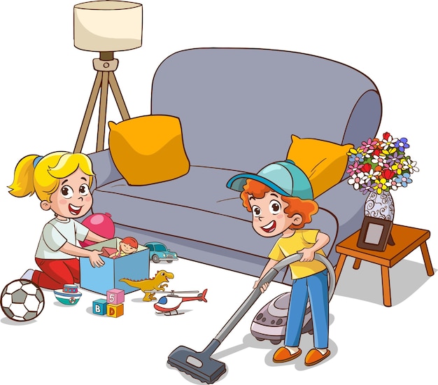 Plik wektorowy ilustracja wektorowa chłopca i dziewczyny z kreskówek sprzątających salon odkurzaczem