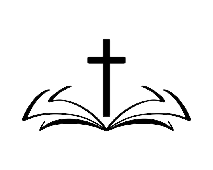 Ilustracja wektorowa chrześcijańskiego Logo. Godło z krzyżem i Biblią świętą. Religijna społeczność. Element projektu plakatu