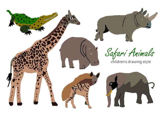 Ilustracja Wektorowa Cute Dzikich Zwierząt Afrykańskich Safari, W Tym żyrafa Słoń Hiena Krokodyl H