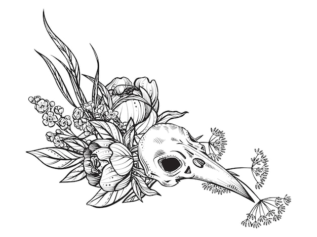 Ilustracja Wektorowa Czarno-białych Kwiatów Czaszki Ptaków I Gałęzi Na Białym Tle Mistyczny Totem Simbol