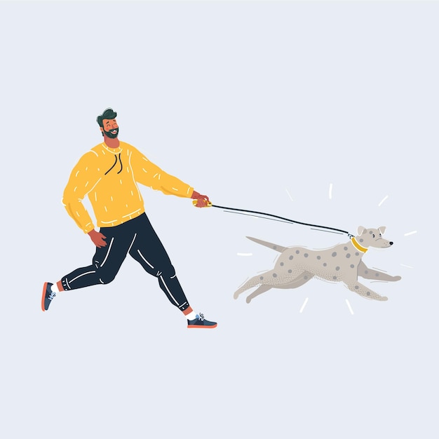 Ilustracja wektorowa człowieka grającego i biegającego z psem padającym i chodzącym koncepcją na białym