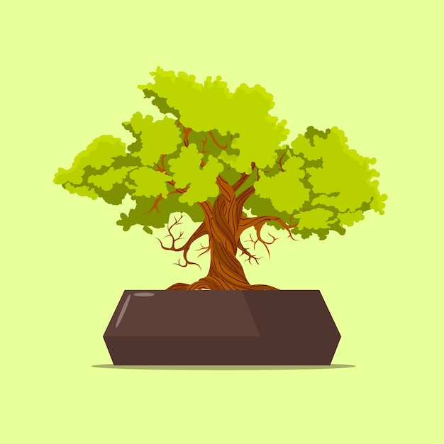 Ilustracja Wektorowa Drzewa Bonsai Z Brązową Doniczką Na Zielonym Tle