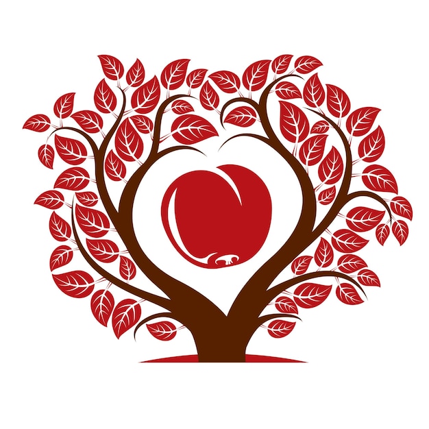 Plik wektorowy ilustracja wektorowa drzewa z liśćmi i gałęziami w kształcie serca z jabłkiem w środku. symboliczny obraz pomysłu na płodność i płodność.