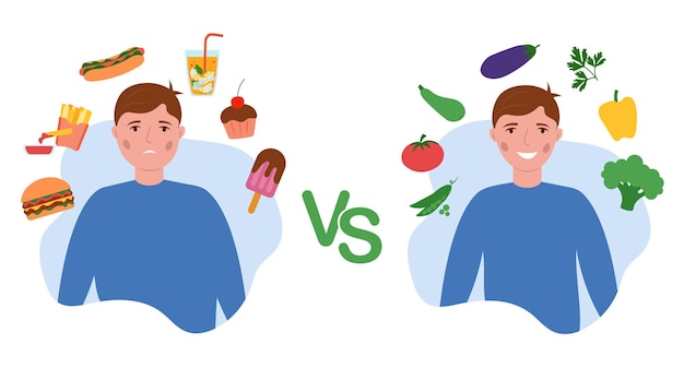 Ilustracja Wektorowa Dwóch Mężczyzn Jedzących Zdrowo I Jedzących Fast Food Koncepcja Utraty Wagi Tłuszczu I Szczupłości