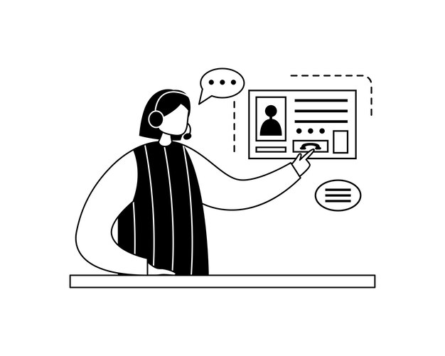 Ilustracja wektorowa dziewczyny pracującej w call center w słuchawkach z mikrofonem Zarys
