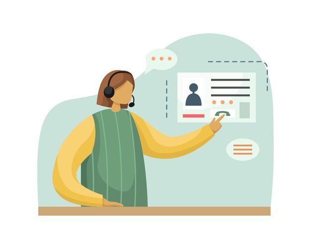 Ilustracja wektorowa dziewczyny pracującej w call center w słuchawkach z mikrofonem