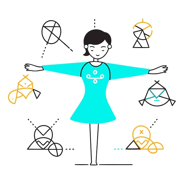 Plik wektorowy ilustracja wektorowa dziewczyny w turkusowej sukience i różnych symboli atomu w stylu liniowym