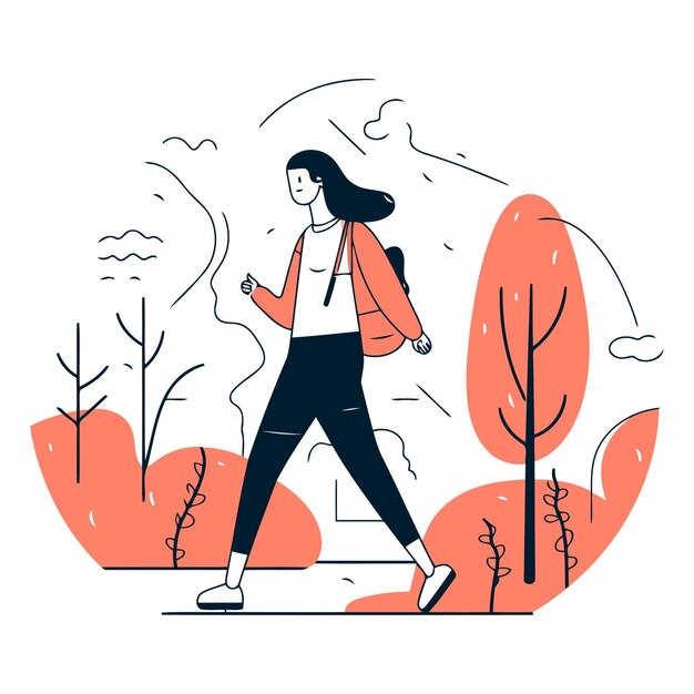 Plik wektorowy ilustracja wektorowa dziewczyny z plecakiem idącej po parku