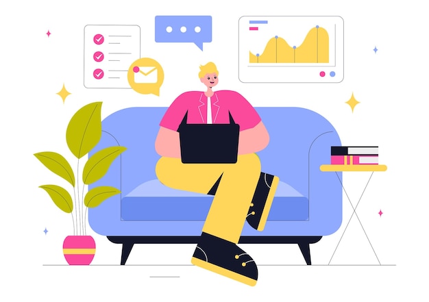Ilustracja wektorowa Freelancing and Gig Economy przedstawiająca umowy finansowe Freelance Tymczasowe zatrudnienie Sukces biznesowy i wykresy barowe