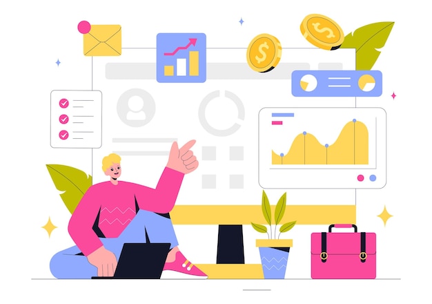 Ilustracja wektorowa Freelancing and Gig Economy przedstawiająca umowy finansowe Freelance Tymczasowe zatrudnienie Sukces biznesowy i wykresy barowe