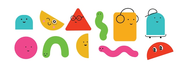 Ilustracja wektorowa geometrycznych kształtów postaci z emocjami twarzy ładny kolorowy kształt dla edukacji dzieci