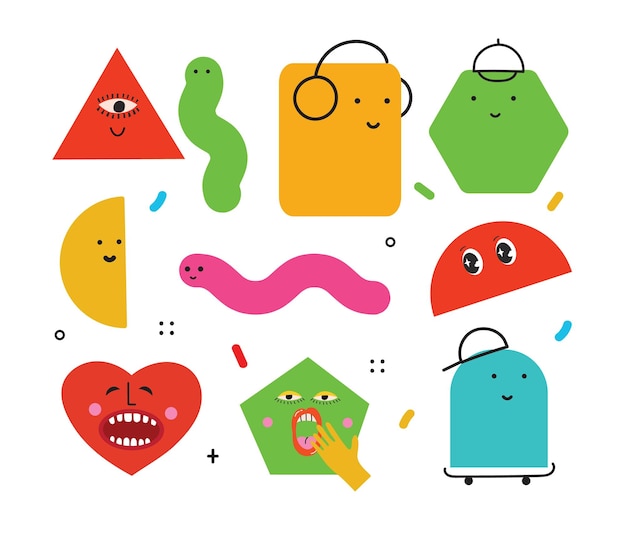 Ilustracja wektorowa geometrycznych kształtów postaci z emocjami twarzy ładny kolorowy kształt dla edukacji dzieci