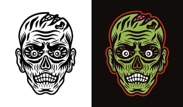 Ilustracja Wektorowa Głowy Zombie W Dwóch Stylach Czarno Na Białym I Kolorowym Na Ciemnym Tle