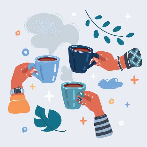 Ilustracja wektorowa grupy przyjaciół pijących kawę lub herbatę w barze restauracji Ręce cheering i toasting Koncepcja spotkania społecznego z mężczyznami i kobietami razem