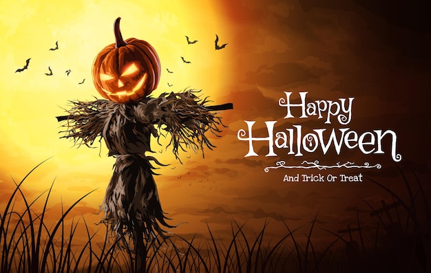 Ilustracja wektorowa Halloween dyni strach na wróble na szerokim polu z księżycem w straszną noc.
