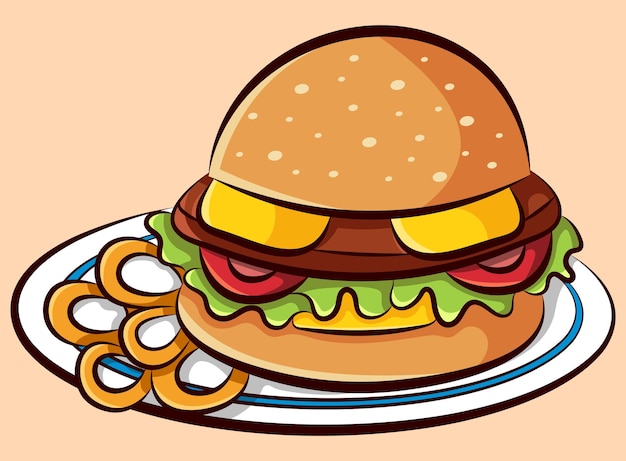 Plik wektorowy ilustracja wektorowa hamburgera z krążkami cebuli na talerzu, rysunek hamburgera dla logo restauracji