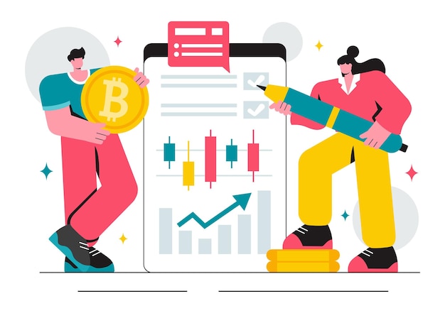 Ilustracja wektorowa handlu kryptowalutami przedstawiająca stos monet, portfel walut cyfrowych, technologię blockchain i bitcoin w tle