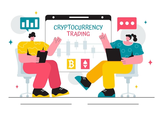 Ilustracja wektorowa handlu kryptowalutami przedstawiająca stos monet, portfel walut cyfrowych, technologię blockchain i bitcoin w tle