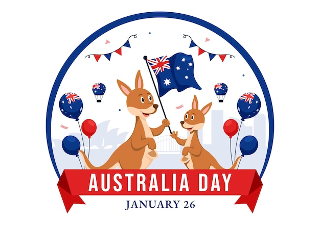 Ilustracja wektorowa Happy Australia Day w dniu 26 stycznia z mapą i flagą australijską na plakat