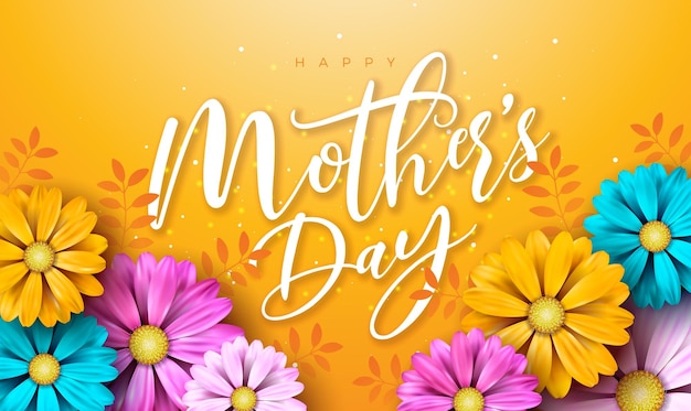 Ilustracja Wektorowa Happy Mother's Day Z Wiosennym Kwiatem I Literą Typografia Na żółtym Tle