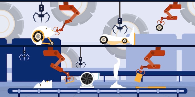 Ilustracja wektorowa horyzontalnej produkcji przemysłowej z robotami Sceny kreskówkowe z robotami przemysłowymi manipulatorami do automatyzacji produkcji i przemieszczania obiektów w kosmosie Nowoczesna technologia Robotyka