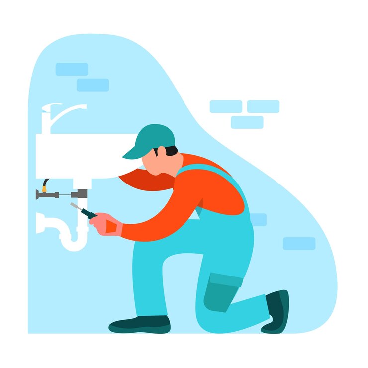 Ilustracja wektorowa hydraulika Scena kreskówkowa z hydraulikiem, który naprawia zlew w domu na białym tle