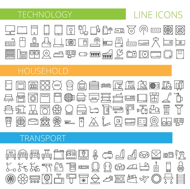 Ilustracja Wektorowa Ikon Cienka Linia Dla Technologii Gospodarstwa Domowego I Transportu - Zestaw Symboli Liniowych