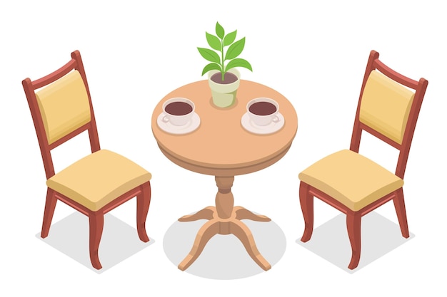 Plik wektorowy ilustracja wektorowa izometrycznego okrągłego stołu i dwóch krzeseł