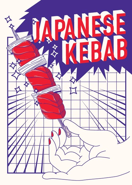 Ilustracja Wektorowa. Japoński Kebab W Ręku. Tapeta Kuchni Azjatyckiej Do Menu, Opakowań, Kawiarni, Odpoczynku