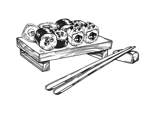 ilustracja wektorowa japońskiego tematu jedzenia sushi sashimi wasabi pałeczki na desce na stojaku