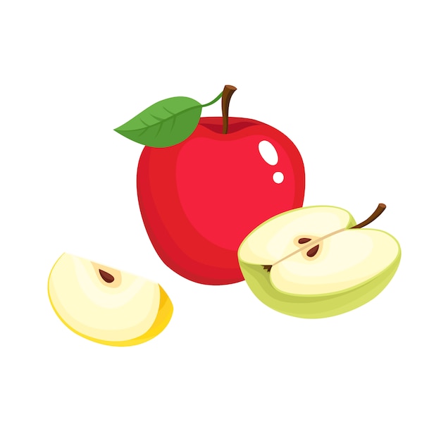 Ilustracja wektorowa jasne kolorowe jabłko soczyste na białym tle, organiczne owoce