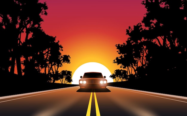 Ilustracja Wektorowa Jazdy Samochodem Zachód Słońca Samochód Jeżdżący Na Autostradzie O Zachodzie Słońca