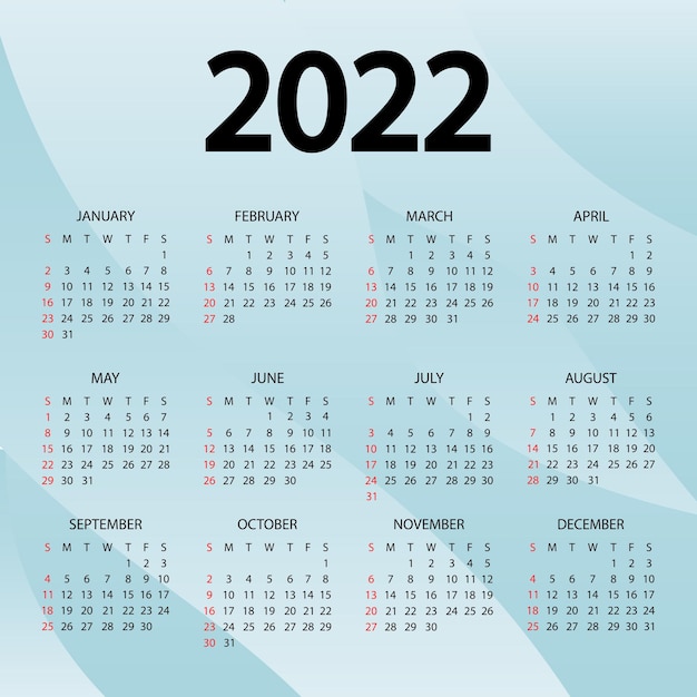Ilustracja wektorowa kalendarza 2022 roku Tydzień zaczyna się w niedzielę Szablon kalendarza rocznego 2022
