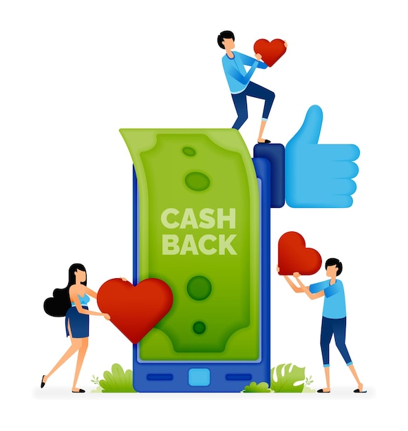 Ilustracja wektorowa kciuków w górę i miłosnych opinii od użytkownika otrzymującego program rabatowy na aplikacje mobilne Cashback Może być używany do stron docelowych stron internetowych aplikacji mobilnych plakatów reklam ulotek banerów
